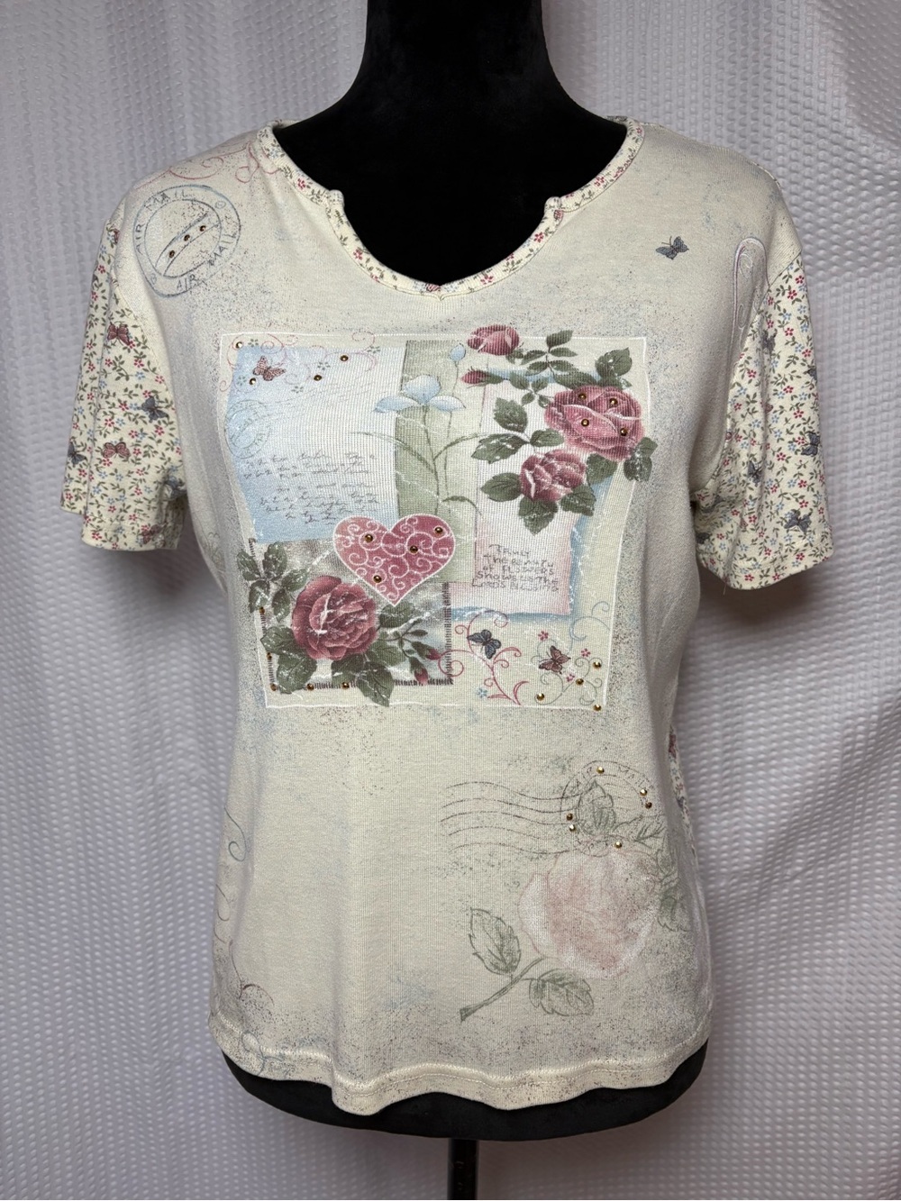 Ms. Lee VTG Y2K Cottagecore Cream V-neck Top Floral Butterfly Size S